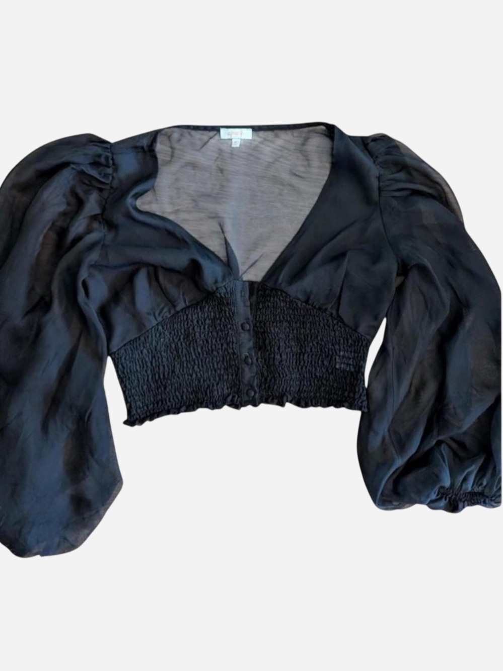 Sheer Puff-Sleeve Black Cropped Blouse